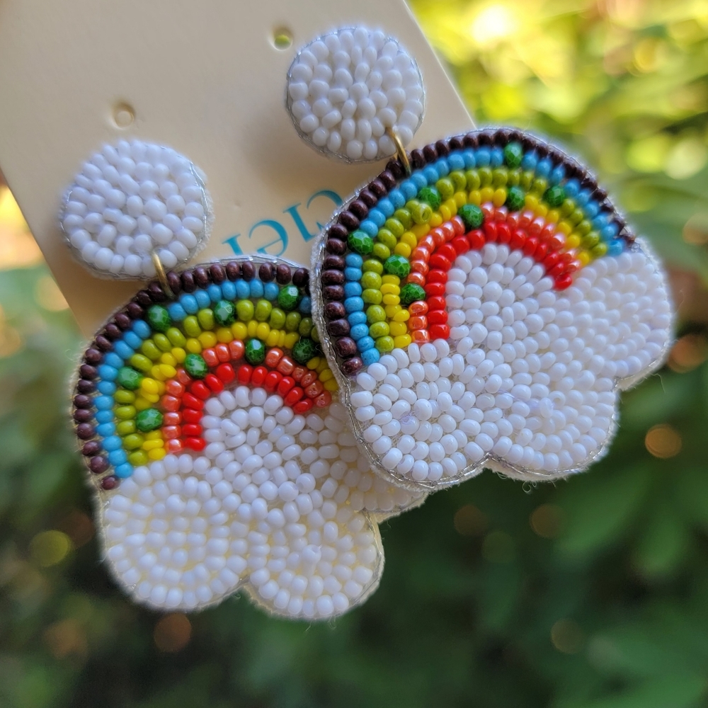 Rainbow 🌈 Crystal cloud seed bead free spirit boho hippie pride people earrings